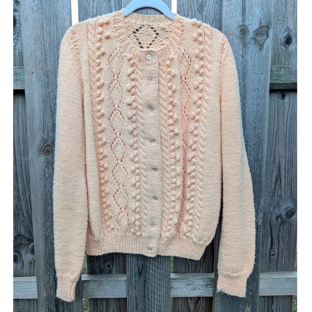 Womens Handmade Peach Cable Knit Cardigan Excellent Popcorn Bobble Pointelle